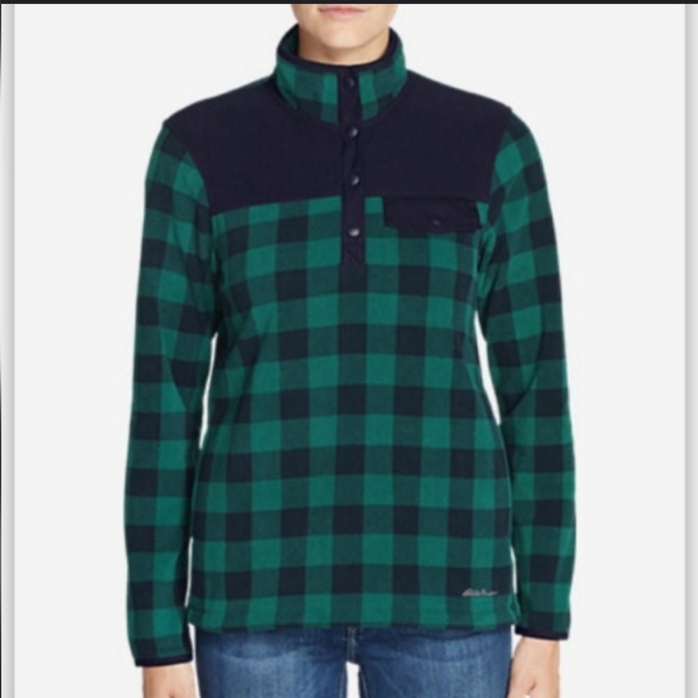Eddie Bauer Fleece Pullover 1/4 Button Up  Green Black Buffalo Plaid Medium
